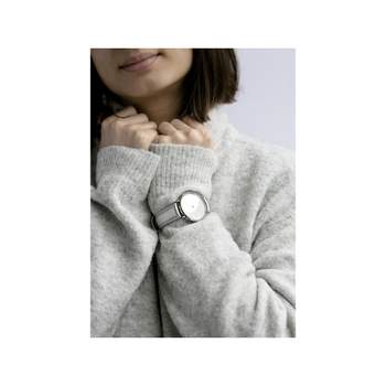 Women's chrome watch with metallic gray leather strap