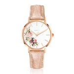 Montre femme fleurs dorée rose bracelet cuir - vue 1