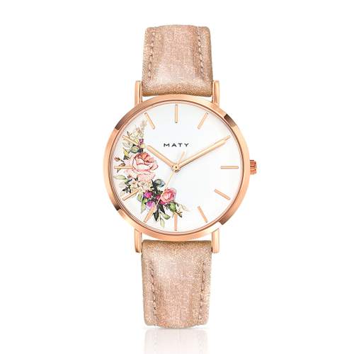 Montre femme fleurs dorée rose bracelet cuir