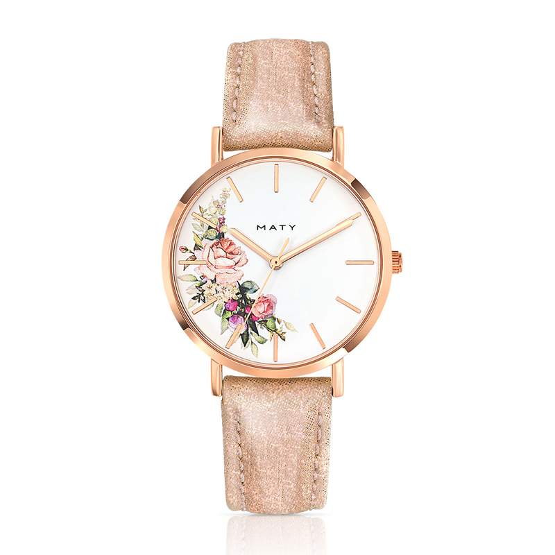 Montre femme fleurs dorée rose bracelet cuir - vue 1