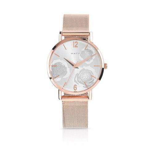 Pink flowers ladies' watch with Milanese link bracelet