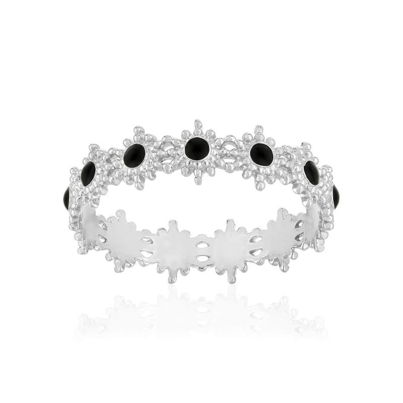 Bague argent 925 perlée motif soleil et la que noire - vue 1