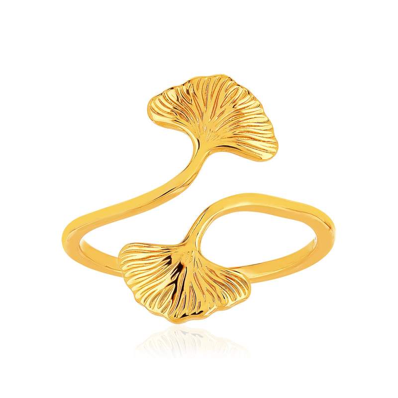 Bague plaqué or jaune, motif feuille de ginkgo biloba - vue 1