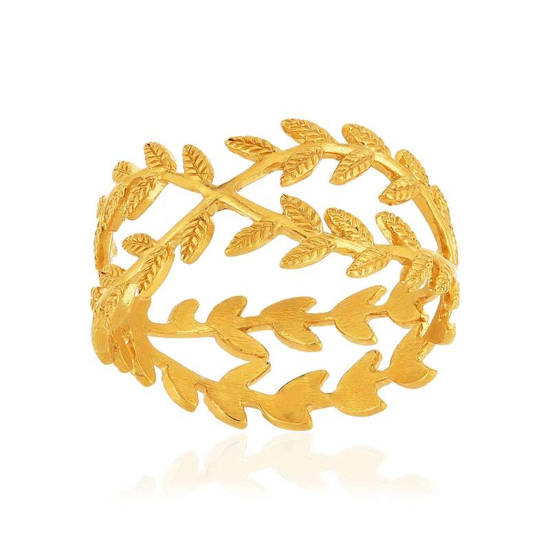 Bague plaqué or jaune, anneaux croisés motif feuille - vue 1