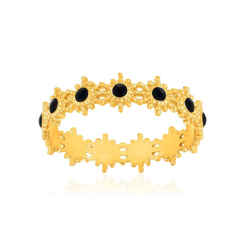 Bague plaqué or jaune perlée motif soleil et résine noire - vue 1