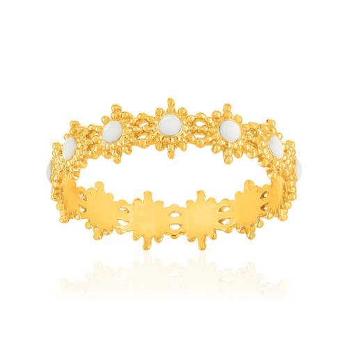Bague plaqué or jaune perlée motif soleil et résine blanche
