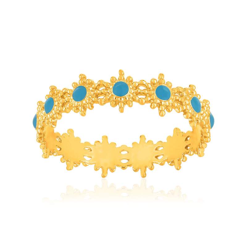 Bague plaqué or jaune perlée motif soleil et résine bleue - vue 1