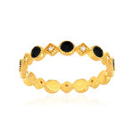 Bague plaqué or jaune perlée, résine noire et zirconias, motif rond et losange. - vue 1