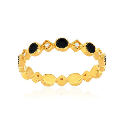 Bague plaqué or jaune perlée, résine noire et zirconias, motif rond et losange. - vue 1