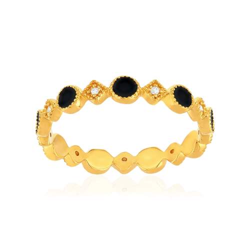 Bague plaqué or jaune perlée, résine noire et zirconias, motif rond et losange.