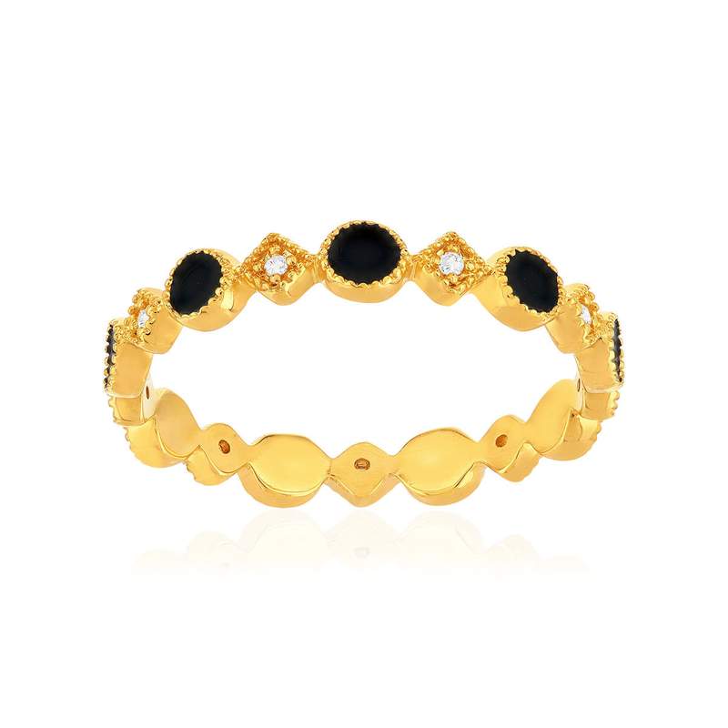 Yellow gold-plated ring with pearls, black resin, and zirconia stones, featuring a round and diamond-shaped design. - View 1