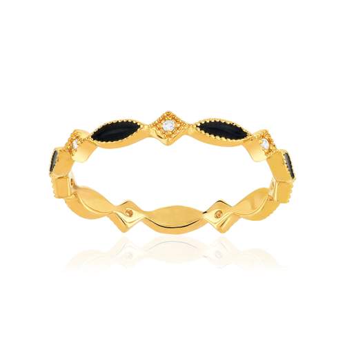 Bague plaqué or jaune perlée, résine noire et zirconias, motif losange et marquise