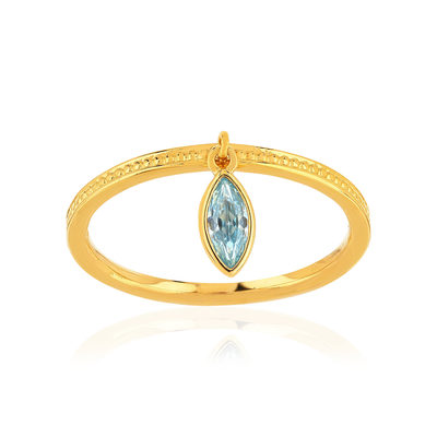 Bague plaqué or jaune perlée, pampille zirconia bleu