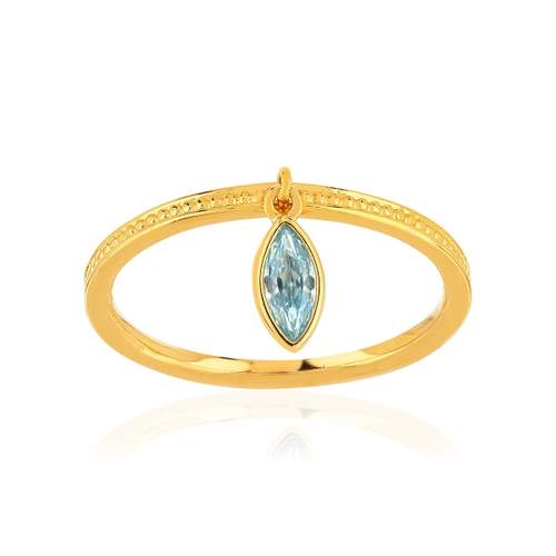 Bague plaqué or jaune perlée, pampille zirconia bleu