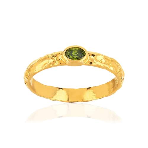 Yellow gold-plated ring hammered with green imitation stone