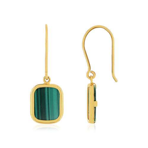 Boucles d'oreilles pendants or 750 jaune  malachites rectangulaires.