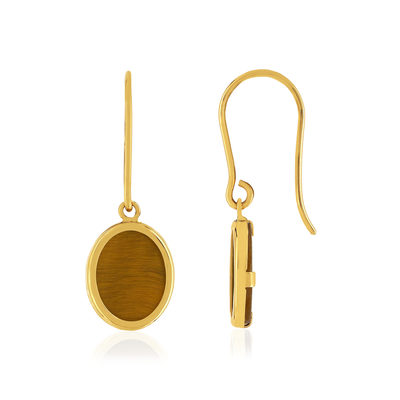 Boucles d'oreilles pendants or 750 jaune oeil de tigre ovale.