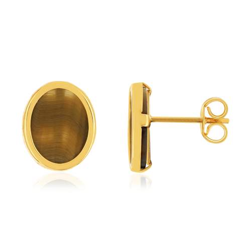 Oval tiger eye earrings in 750 yellow gold