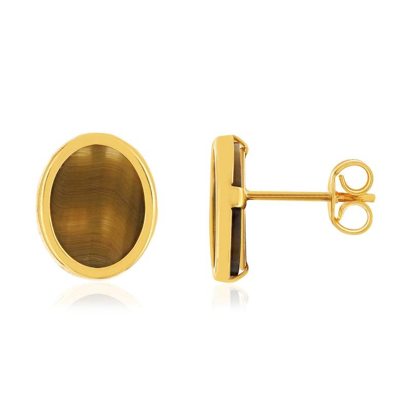 Boucles d'oreilles or 750 jaune oeil de tigre ovale - vue 1