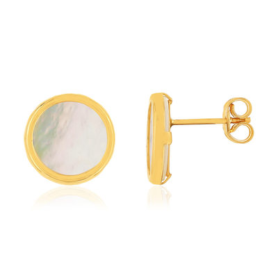 Boucles d'oreilles or 750 jaune nacres blanches rondes. - vue 1