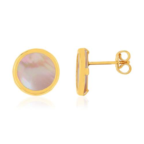 Boucles d'oreilles or 750 jaune nacres roses rondes.