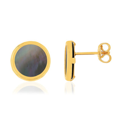 Boucles d'oreilles or 750 jaune nacres grises rondes.