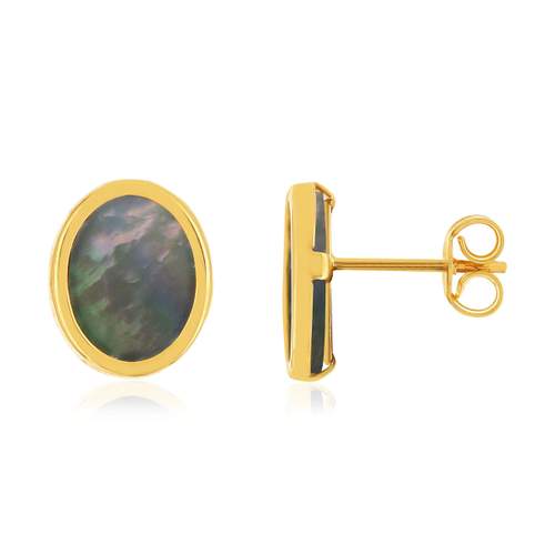 Boucles d'oreilles or 750 jaune nacres grises ovales.