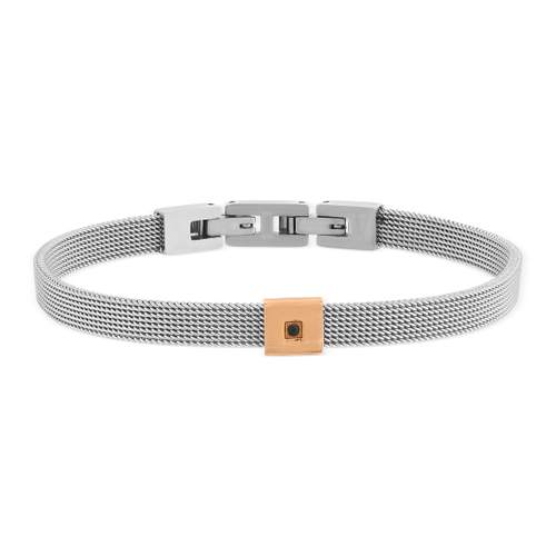 Bracelet acier bicolore doré rose zirconia noir 21 cm