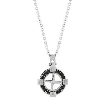 Collier acier zirconia noir boussole 55 cm