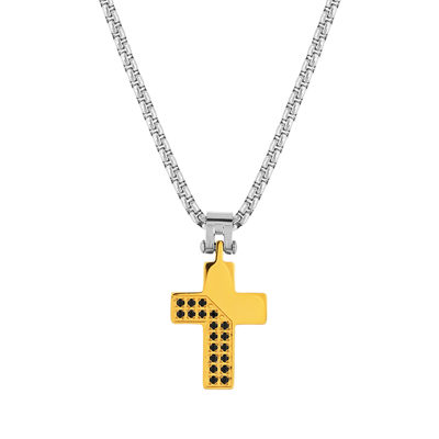 Collier acier bicolore jaune zirconia noir croix 55cm