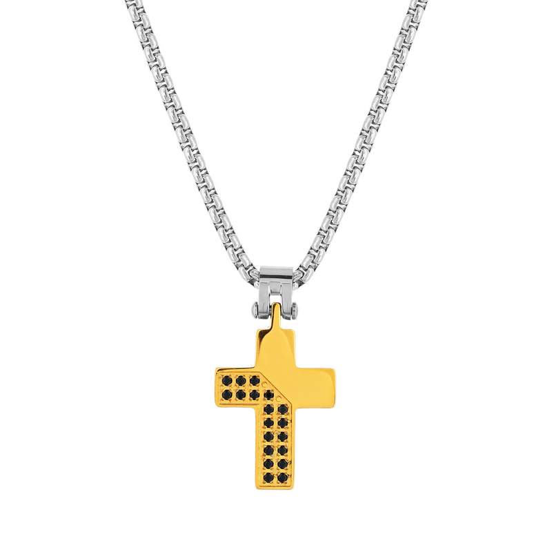 Tweekleurige stalen ketting met gele zirkonia en zwart kruis, 55 cm - afbeelding 1
