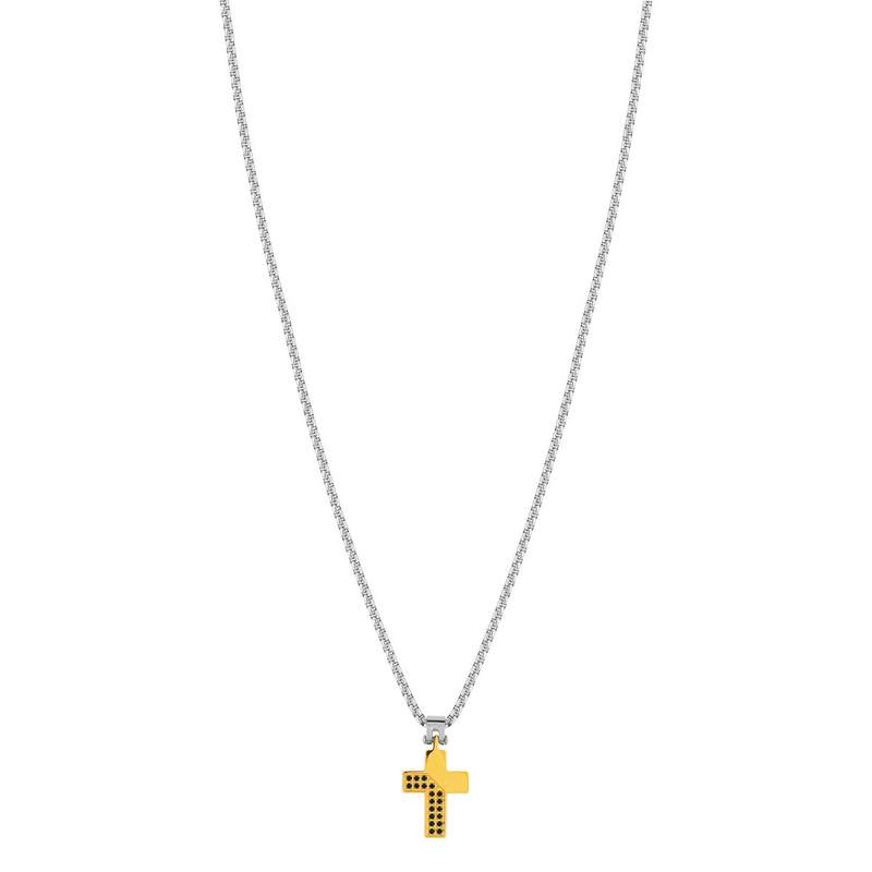 Ketting staal bicolour gele zirkonia zwart kruis 55cm - bekijk 2
