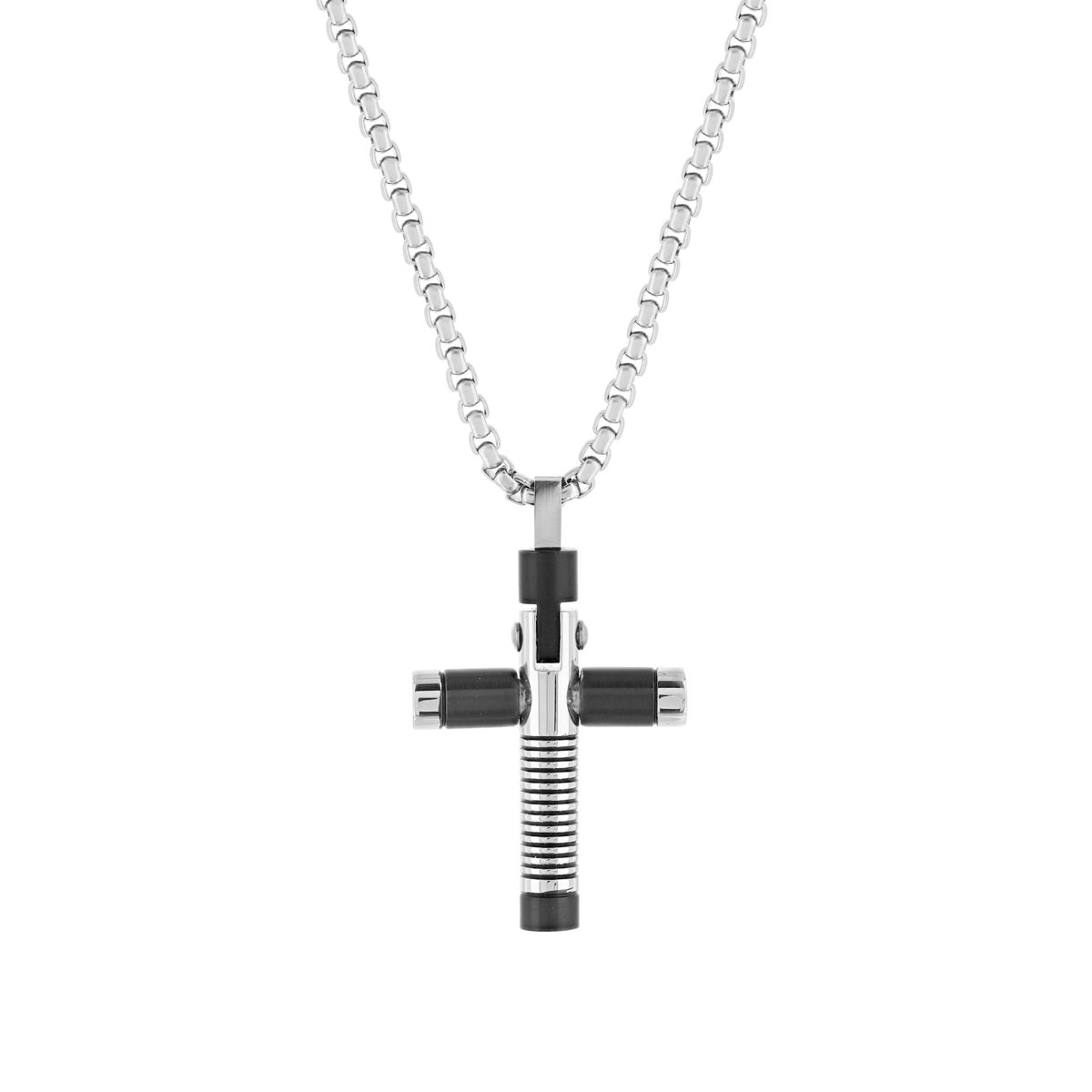 Collier acier bicolore noir croix 55 cm