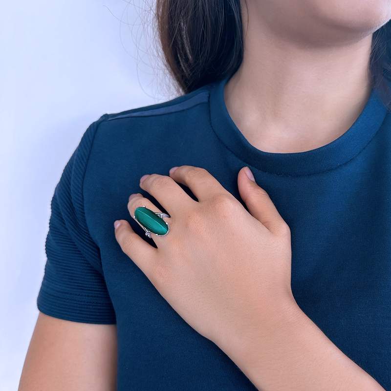Bague argent 925 malachite - vue porté 1