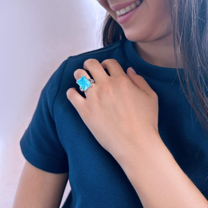 Bague argent 925 pierre synthétique bleue - vue porté 1