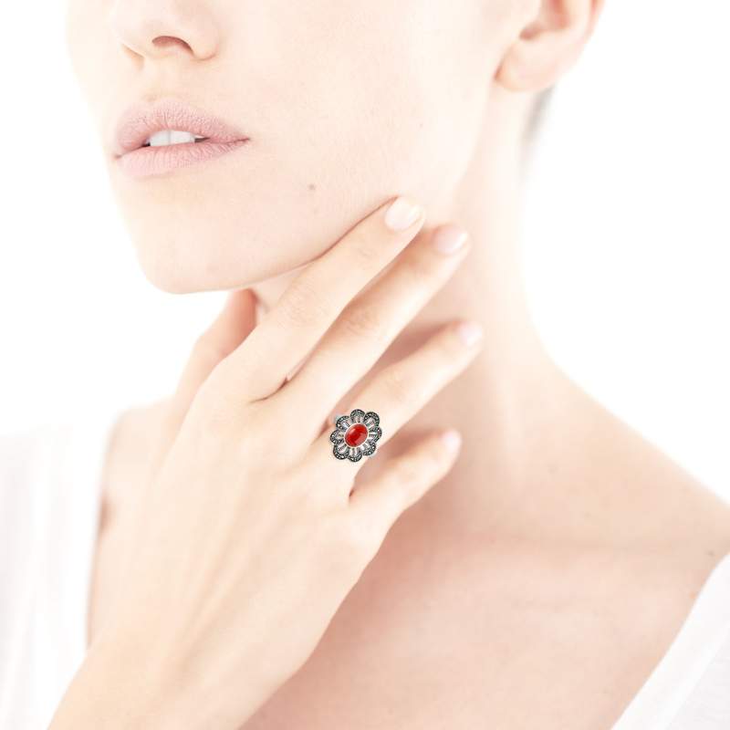 Bague argent 925 marcassites pierre imitation - vue porté 1