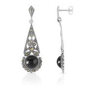 Boucles d'oreilles argent 925 marcassites onyx