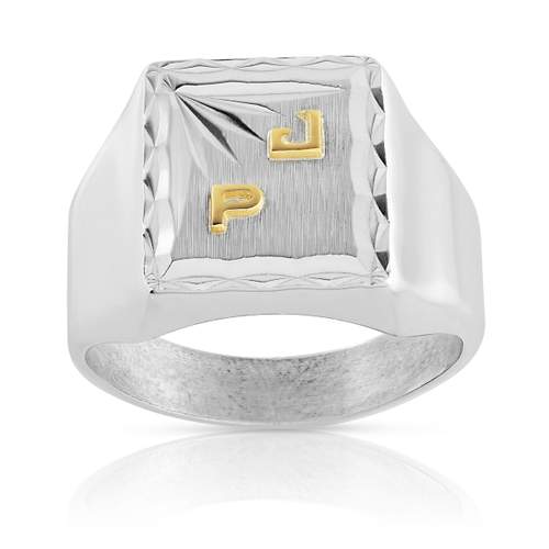 925 faceted silver and 750 yellow gold signet ring 2 initials