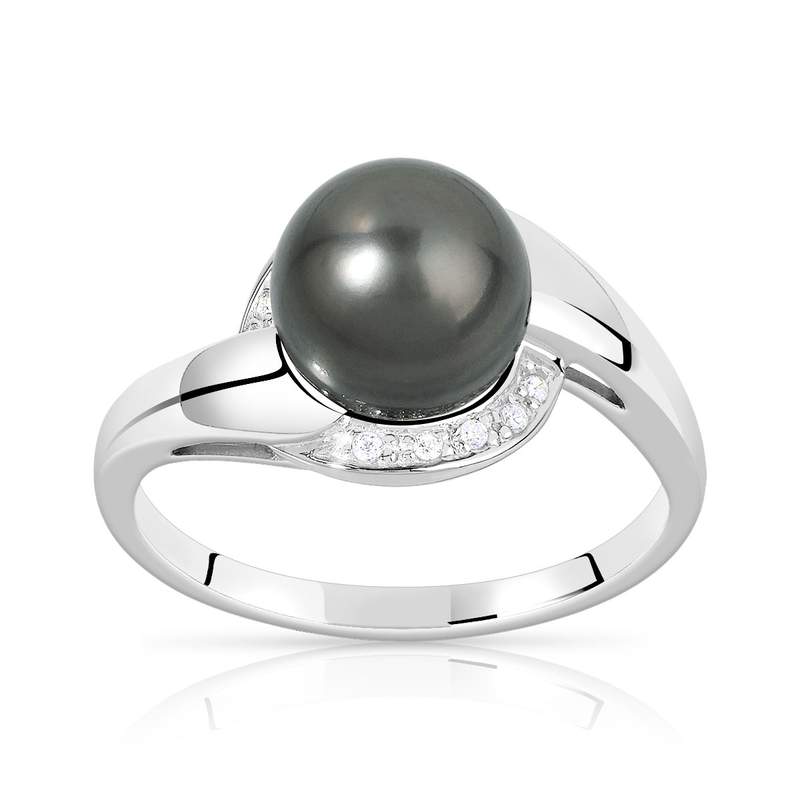 Bague argent 925 perle de culture de Tahiti et zirconias - vue 1