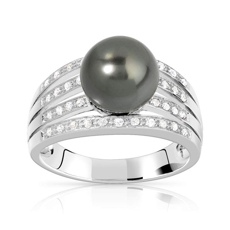 Bague argent 925 ajourée perle de culture de Tahiti et zirconias - vue 1