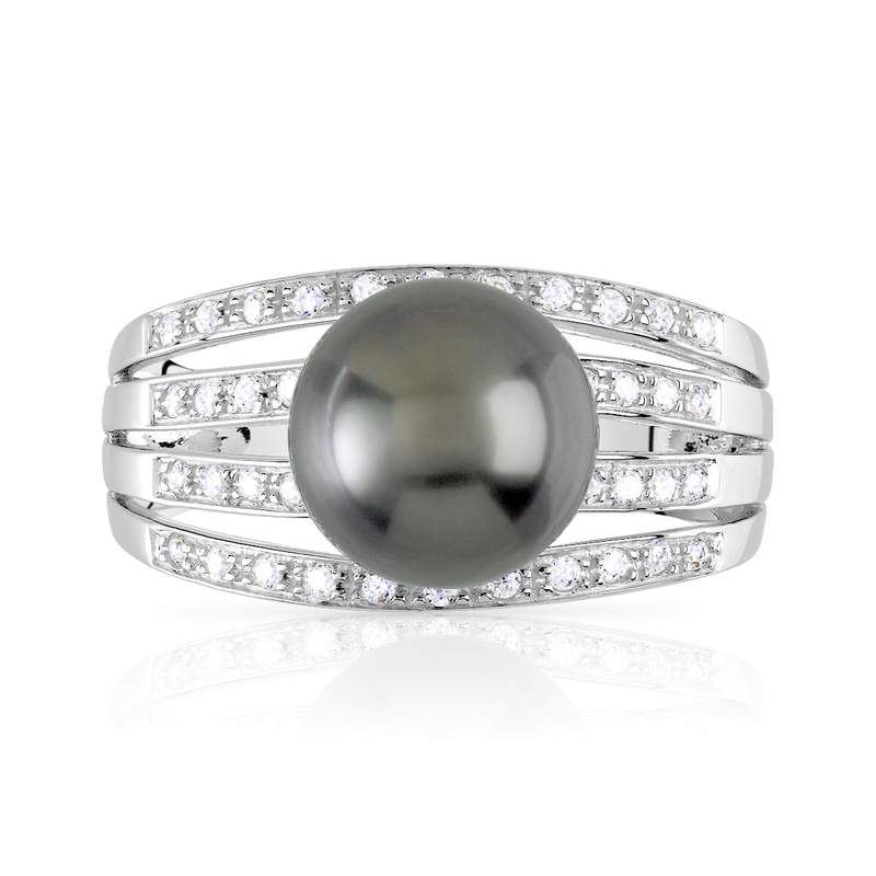 Bague argent 925 ajourée perle de culture de Tahiti et zirconias - vue 3