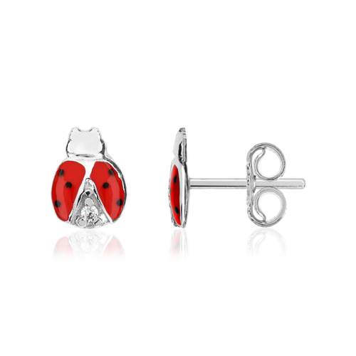 Boucles d'oreilles argent 925 coccinelles laque rouge et zirconias