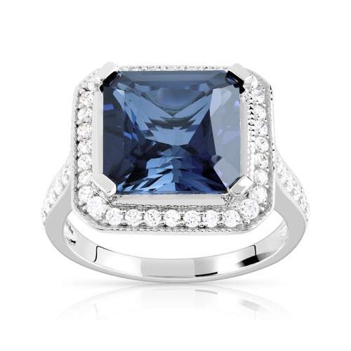 Bague argent 925 saphir imitation carrée et zirconias
