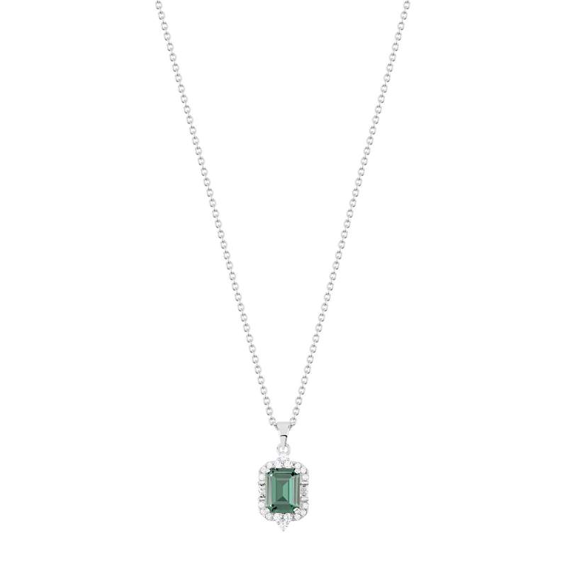 Collier argent 925 pierre verte rectangulaire et zirconias 45 cm - vue 1