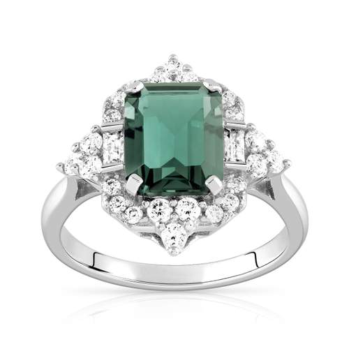 Bague argent 925 pierre imitation verte rectangulaire et zirconias