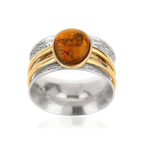 Bague argent 925 2 tons ambre ovale