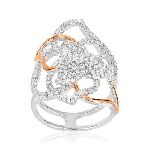 Bague argent 925 2 tons fleur ajourée zirconias