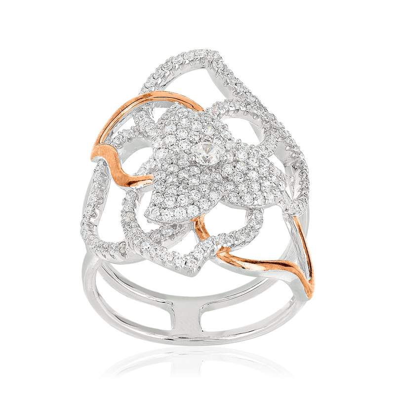 Bague argent 925 2 tons fleur ajourée zirconias - vue 1