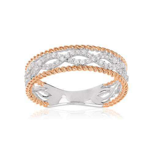 Two-tone braided sterling silver ring with zirconia stones