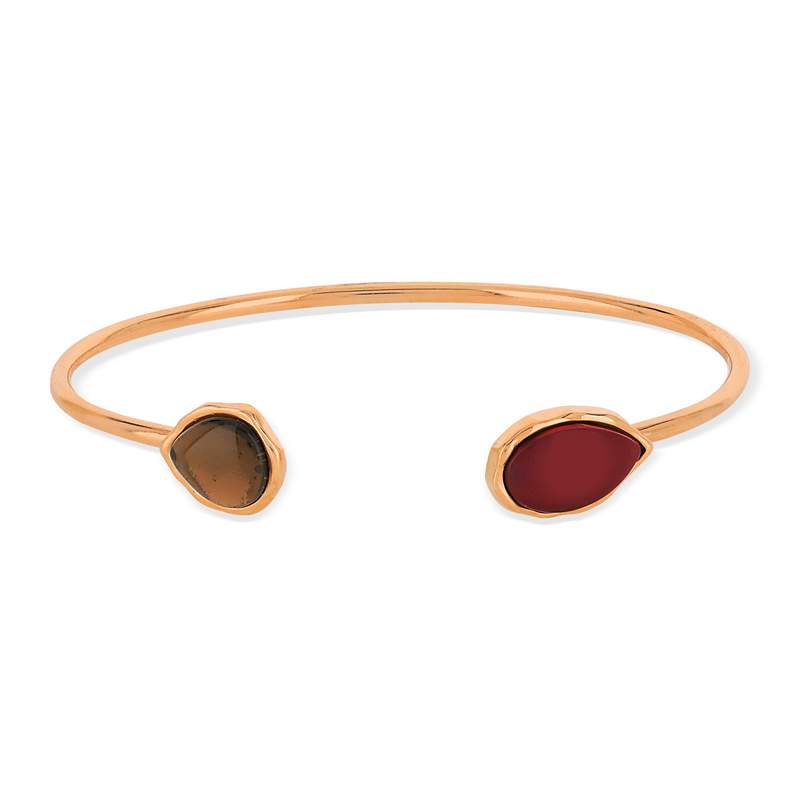 Bracelet jonc argent 925 rosé ouvert ambre et quartz fumé taille poire - vue 1